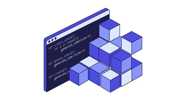 Coding cubes, programming code, software development, abstract isometric illustration