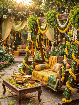 Vibrant outdoor Indian wedding or festive event decor with marigold garlands, traditional swing, and lush greenery under golden light.