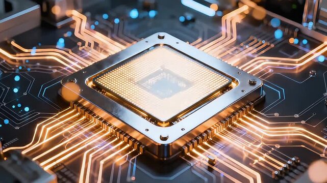 Advanced Microprocessor Chip on Electronic Circuit Board with Glowing Data Connections, High Technology Computing Concept