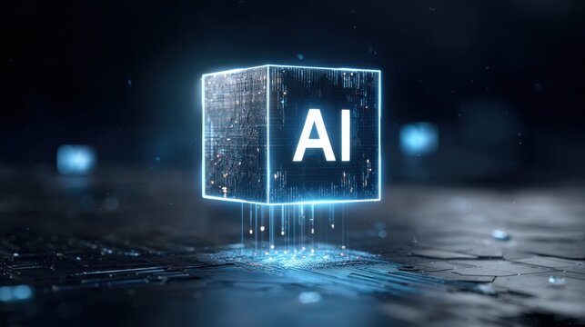 Futuristic Glowing AI Cube with Data Streams on Dark Textured Surface, Digital Technology Concept