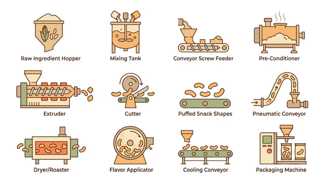 Vector Icons Industrial food processing machinery icons showing puffed snack production line steps. EPS Editable
