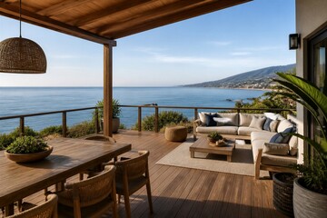 Obraz premium Outdoor deck seating area overlooking calm ocean and coastline