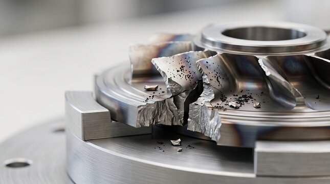 Damaged metallic turbine impeller blade showing structural failure and material fatigue fracture in a precision engineered industrial component close