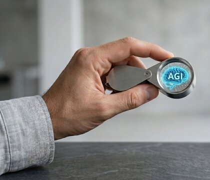 A hand holds a magnifying glass revealing a glowing blue brain icon with agi text representing artificial general intelligence