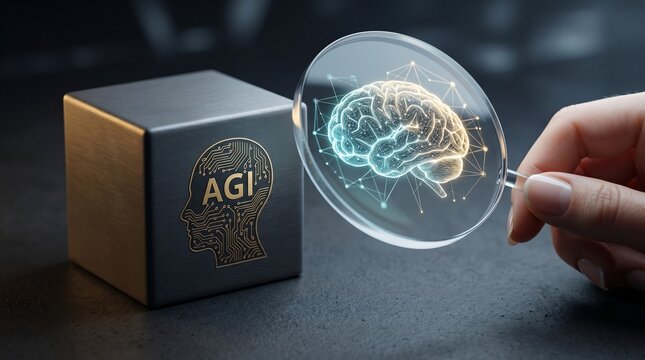 A hand holds a magnifying glass over an agi cube icon to reveal a glowing digital neural network brain representing advanced artificial general intelligence