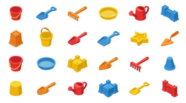 Vector Icons Isometric beach toys set with colorful buckets shovels and sand molds. EPS Editable