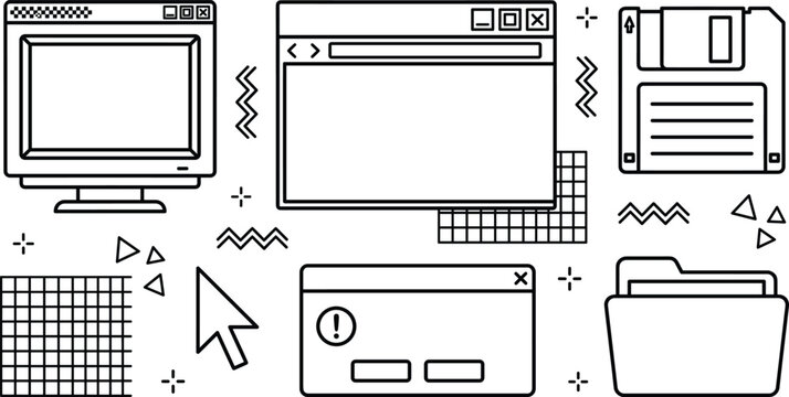 Vintage 90s computer user interface elements vector icon set with floppy disk and browser line art
