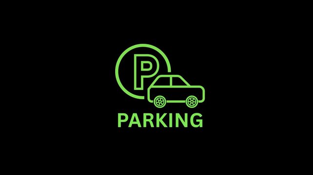 Minimalist Parking Sign Animation, Neon Green Outline Car and Letter P Symbol, Wayfinding and Public Amenity Motion Asset