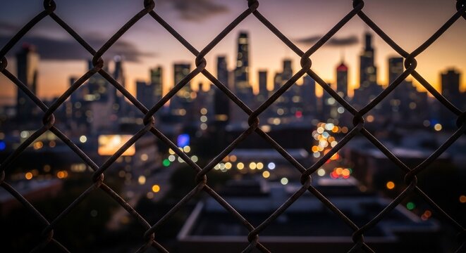 Blurred City Skyline at Sunset Seen Through a Chain Link Fence.