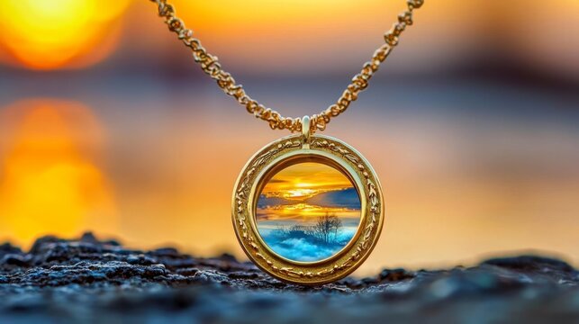 This exquisite piece of jewelry showcases a beautiful sunset-inspired design.