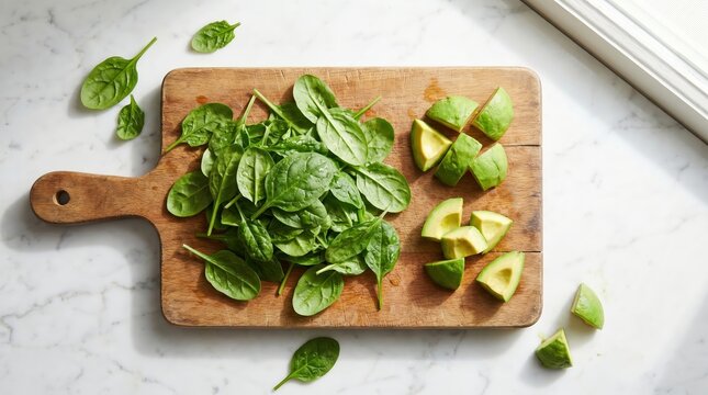Fresh baby spinach leaves and sliced avocado on wooden cutting board over marble surface for healthy vegan meal preparation in bright kitchen.