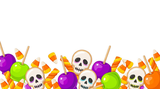 Halloween candy border illustration with skulls and sweets, png cut out isolated