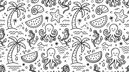 Summer beach seamless pattern background with cute cartoon octopus palm tree and anchors line art vector © AKTAR
