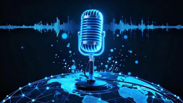 Digital Microphone with Audio Waveform and Global Network Communication Technology Concept