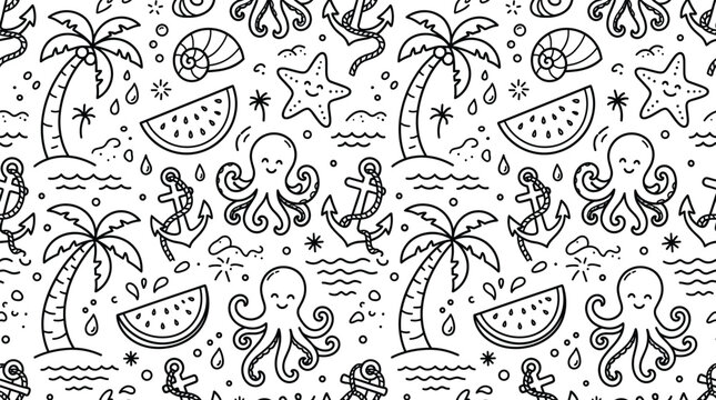 Summer beach seamless pattern background with cute cartoon octopus palm tree and anchors line art vector