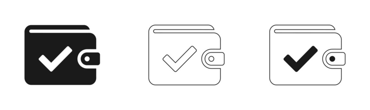 Wallet with checkmark icon set solid outline and line styles for finance and security applications