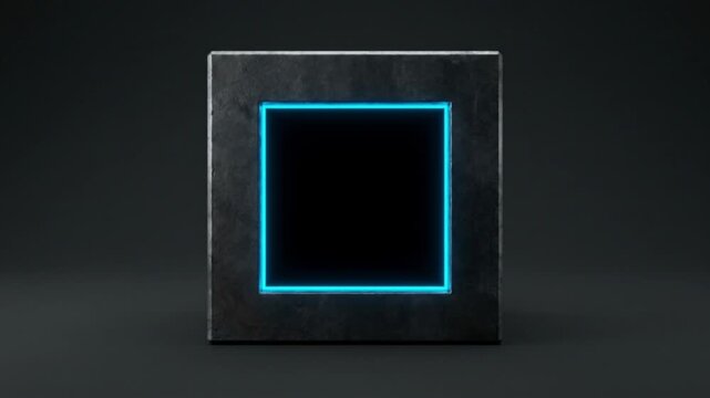 無機質な金属ブロックとシアンに発光する境界線の抽象的なモーフィングCG背景