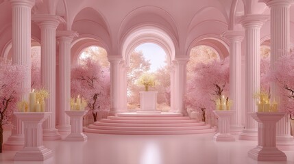 Naklejka premium Elegant Pink Classical Architectural Hallway with Blooming Cherry Blossoms and Soft Natural Light