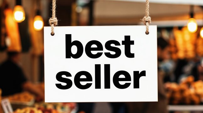 Sign with text best seller hanging in store. Popular product attracts customers. Sale success indicator on market background. Popular items attract shoppers. Retail success. Shop business.