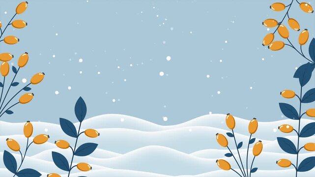 Winter background with branches and berries animation. Falling snow with snowflakes. Winter snowy background for banner, poster, wallpaper, greeting card, advertising. 4K animation