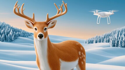 Obraz premium Wild deer and hovering drone in snowy winter landscape suggesting wildlife rescue and monitoring efforts