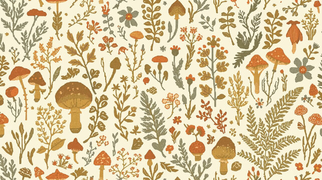 A beautiful seamless pattern featuring hand-drawn mushrooms, wild forest plants, and ferns in earthy tones on a light yellow background.
