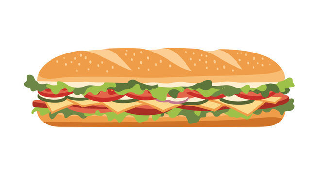 Delicious long submarine sandwich filled with fresh lettuce tomatoes cheese and sliced meat on a toasted sesame seed bun.