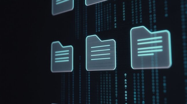 Digital interface with glowing folder icons and binary code streams. Futuristic screen shows data organization and file management concepts. Network data flow on dark abstract background.