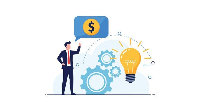 Innovative man points toward a dollar sign and lightbulb near gears to show the successful monetization of creative ideas.