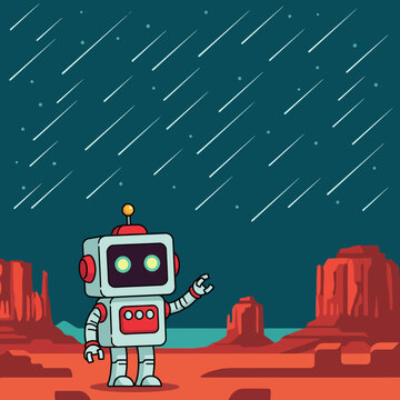 Cute retro robot waving hello on alien planet.
