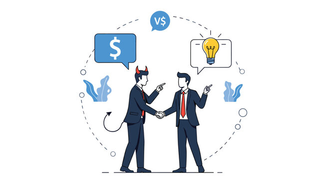Professional in a suit shakes hands with a devilish figure in a conceptual scene about moral business choices and greed.