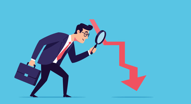 Concerned businessman with briefcase looking through magnifying glass at falling red arrow representing financial loss or crisis.