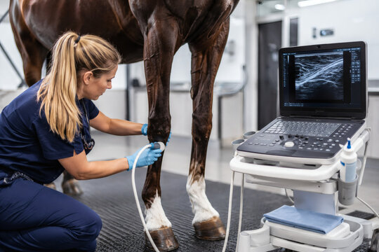Equine veterinarian performing ultrasound examination on horse forelimb tendon in modern equine hospital