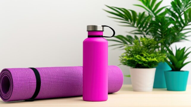 A vibrant pink yoga mat lies beside a matching water bottle against a backdrop of greenery