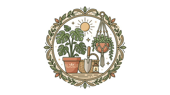 Circular garden emblem with potted plants and tools.