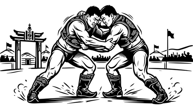 Two wrestlers compete fiercely outdoors in traditional attire near a gate.