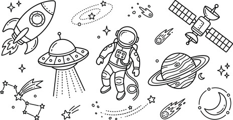 Outer space and astronaut coloring page vector illustration with rocket ufo planets stars for kids © AKTAR
