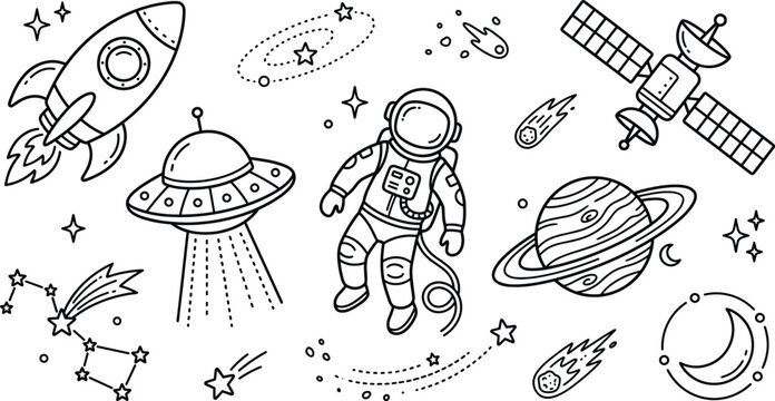 Outer space and astronaut coloring page vector illustration with rocket ufo planets stars for kids