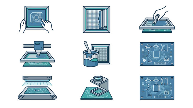 Vector Icons Screen printing process icons set showing steps of stencil preparation ink application and PCB manufacturing. EPS Editable