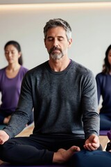 Fototapeta premium Middle aged man meditates with eyes closed in yoga class. Diverse group practices calm breathing exercise on mats. People find inner peace together.
