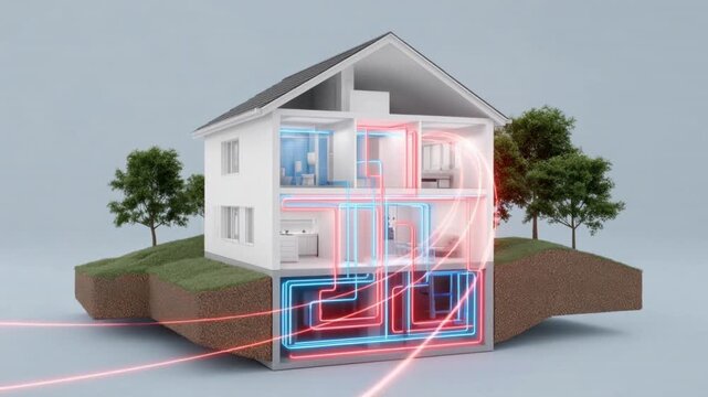 Cross section illustration of house with underground heated floor system showing plumbing and climate control layout with blue and red pipes