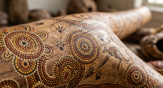A high-definition, macro photograph focusing on the intricate, hand-painted dot art patterns on the surface of an authentic eucalyptus didgeridoo, with soft, natural lighting highlighting the texture 