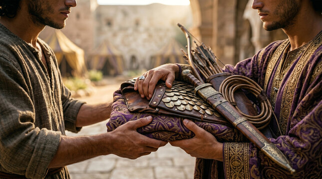 Bible, A detailed, close-up shot capturing the symbolic moment Jonathan hands his royal robe, armor, sword, and bow to David. 