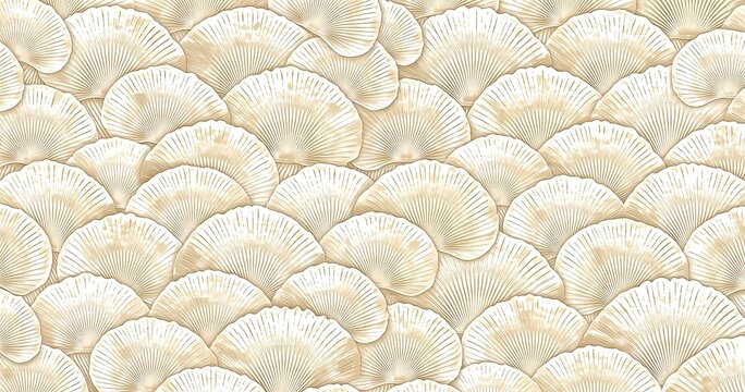 Overlapping Shell Fan Pattern Off White Light Beige Semicircular Radiating Lines Textured Bas Relief Distressed Organic