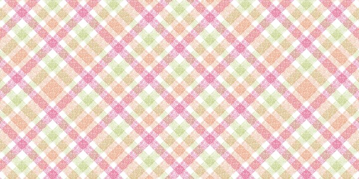 Seamless diagonal plaid pattern with textured crayon lines in pastel pink, orange, green, and beige colors on a white background.