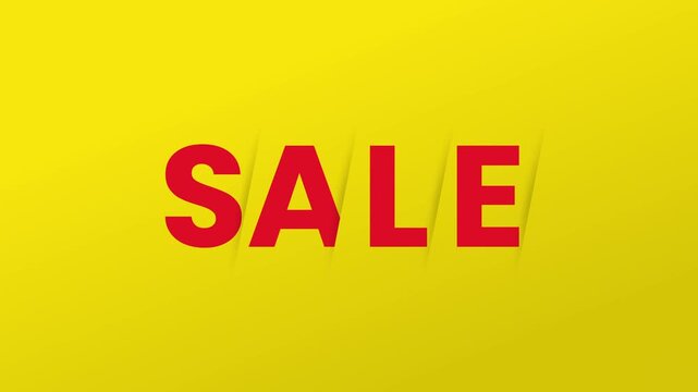 SALE bold red text animation with sharp diagonal shadow effect on yellow background, portrait 9:16 4K, energetic promo motion graphic for e-commerce and retail advertising content