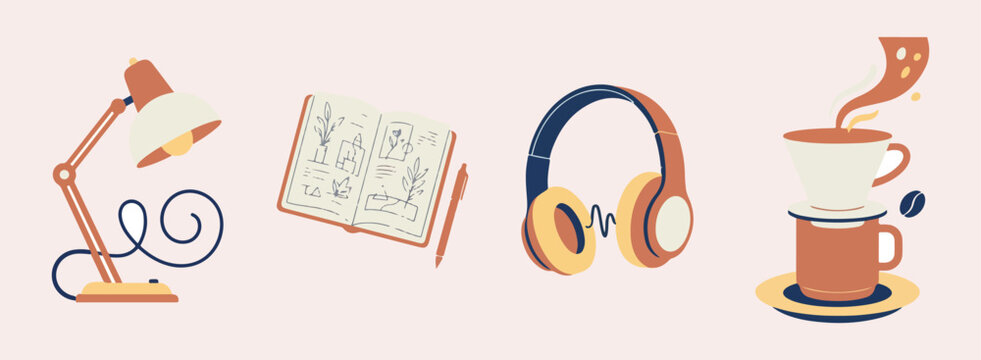 Notebook study journal, wireless sound headphones, creative writing process, productive workspace setup, music learning habit, organized educational tools, audio listening session, focus study session