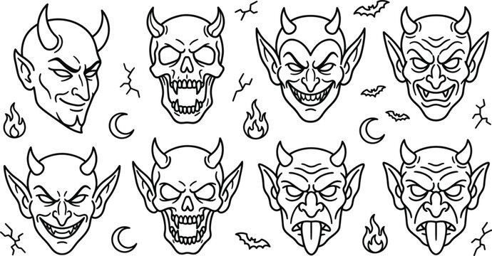 Devil and demon head icon set with spooky skulls horns and halloween line art vector