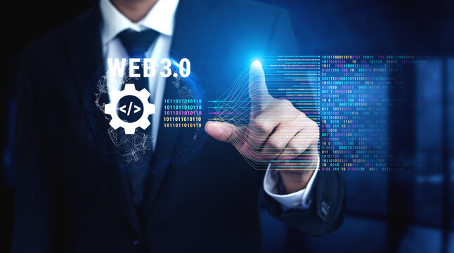 The concept of Web 3.0 development and decentralized data processing. The flow of binary code and information in the next generation internet. Motif