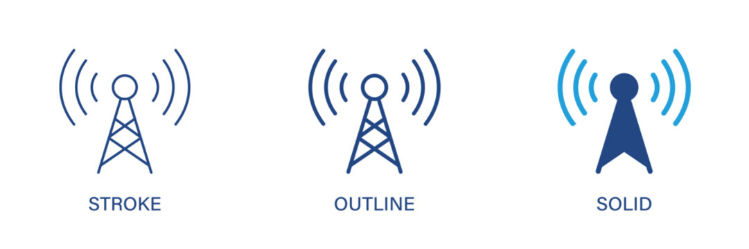 Broadcast icon with editable stroke, outline and solid styles. Broadcast, live, antenna tower icons. Vector icon illustration.